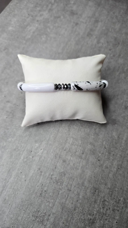 Bracelet - fait main - tube acétate noir blanc dalmatien - pierre naturelle hématite - extensible tendance