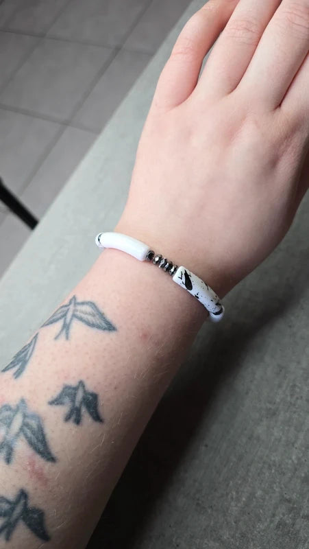 Bracelet - fait main - tube acétate noir blanc dalmatien - pierre naturelle hématite - extensible tendance