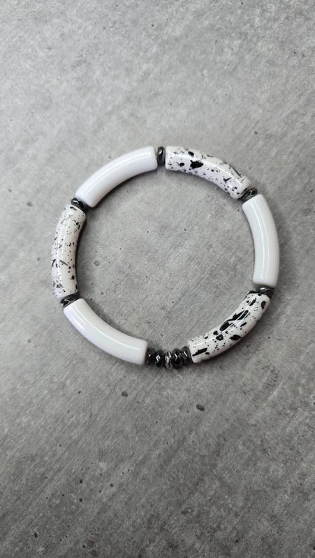 Bracelet - fait main - tube acétate noir blanc dalmatien - pierre naturelle hématite - extensible tendance