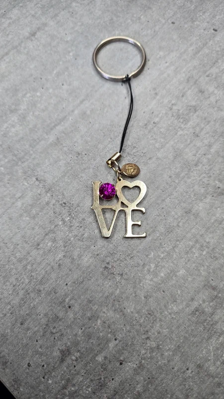 Porte clé cordon vintage - LOVE - doré strass rose fuchsia brillant coeur - bijou de sac ou téléphone - années 2000