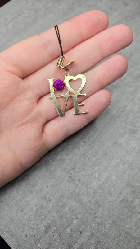 Porte clé cordon vintage - LOVE - doré strass rose fuchsia brillant coeur - bijou de sac ou téléphone - années 2000