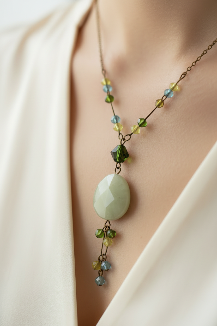 collier vintage - neuf - fait main - perle verres facetté vert bleu - pendentif pierre naturelle aventurine forme de goutte larmese