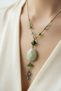 collier vintage - neuf - fait main - perle verres facetté vert bleu - pendentif pierre naturelle aventurine forme de goutte larmese