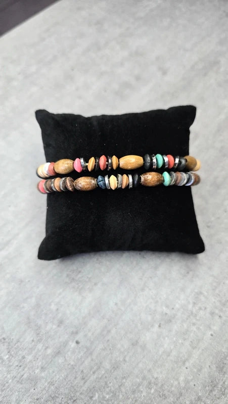 bracelet vintage - perles bois coloré - argenté - élastique - rose ou bleu - nature - mixte homme femme