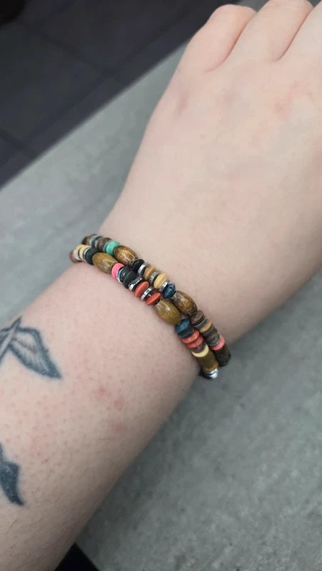 bracelet vintage - perles bois coloré - argenté - élastique - rose ou bleu - nature - mixte homme femme