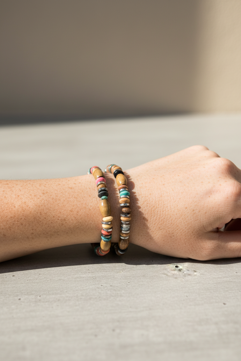 bracelet vintage - perles bois coloré - argenté - élastique - rose ou bleu - nature - mixte homme femme