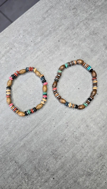 bracelet vintage - perles bois coloré - argenté - élastique - rose ou bleu - nature - mixte homme femme