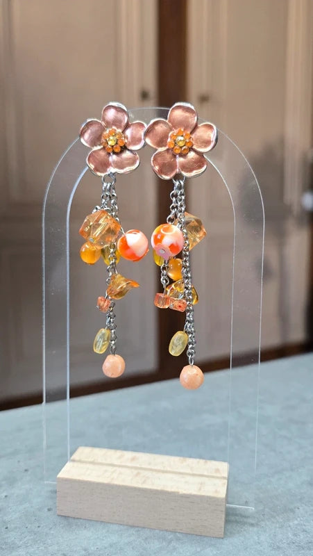 boucle d'oreilles vintage - à clips - neuf - fleurs orange - strass perles facette pierre pampilles - pendante légère