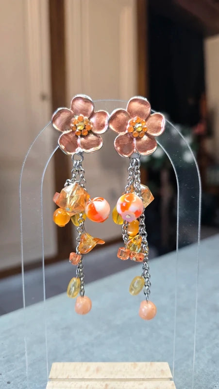 boucle d'oreilles vintage - à clips - neuf - fleurs orange - strass perles facette pierre pampilles - pendante légère