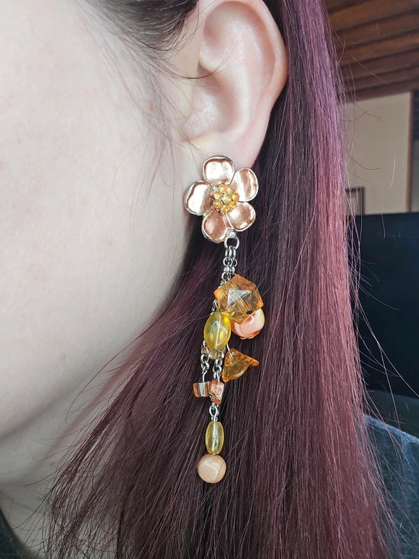 boucle d'oreilles vintage - à clips - neuf - fleurs orange - strass perles facette pierre pampilles - pendante légère