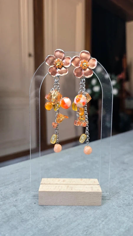 boucle d'oreilles vintage - à clips - neuf - fleurs orange - strass perles facette pierre pampilles - pendante légère