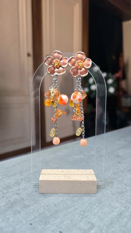 boucle d'oreilles vintage - à clips - neuf - fleurs orange - strass perles facette pierre pampilles - pendante légère