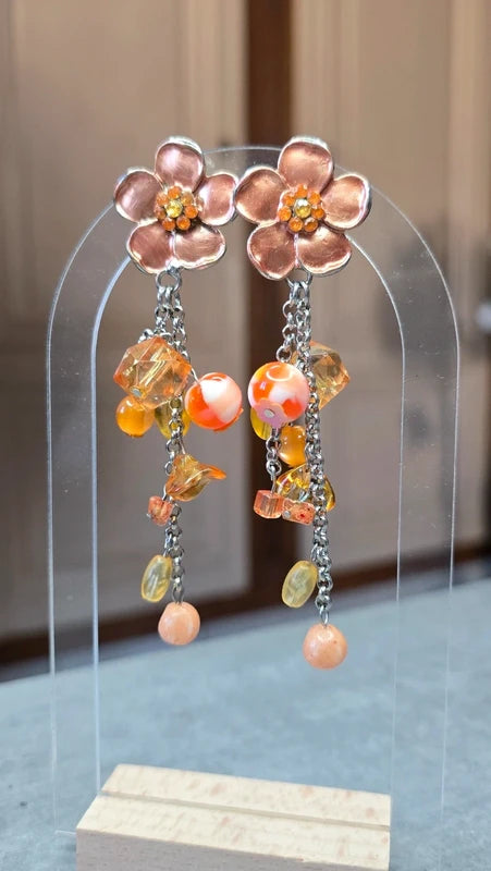 boucle d'oreilles vintage - à clips - neuf - fleurs orange - strass perles facette pierre pampilles - pendante légère