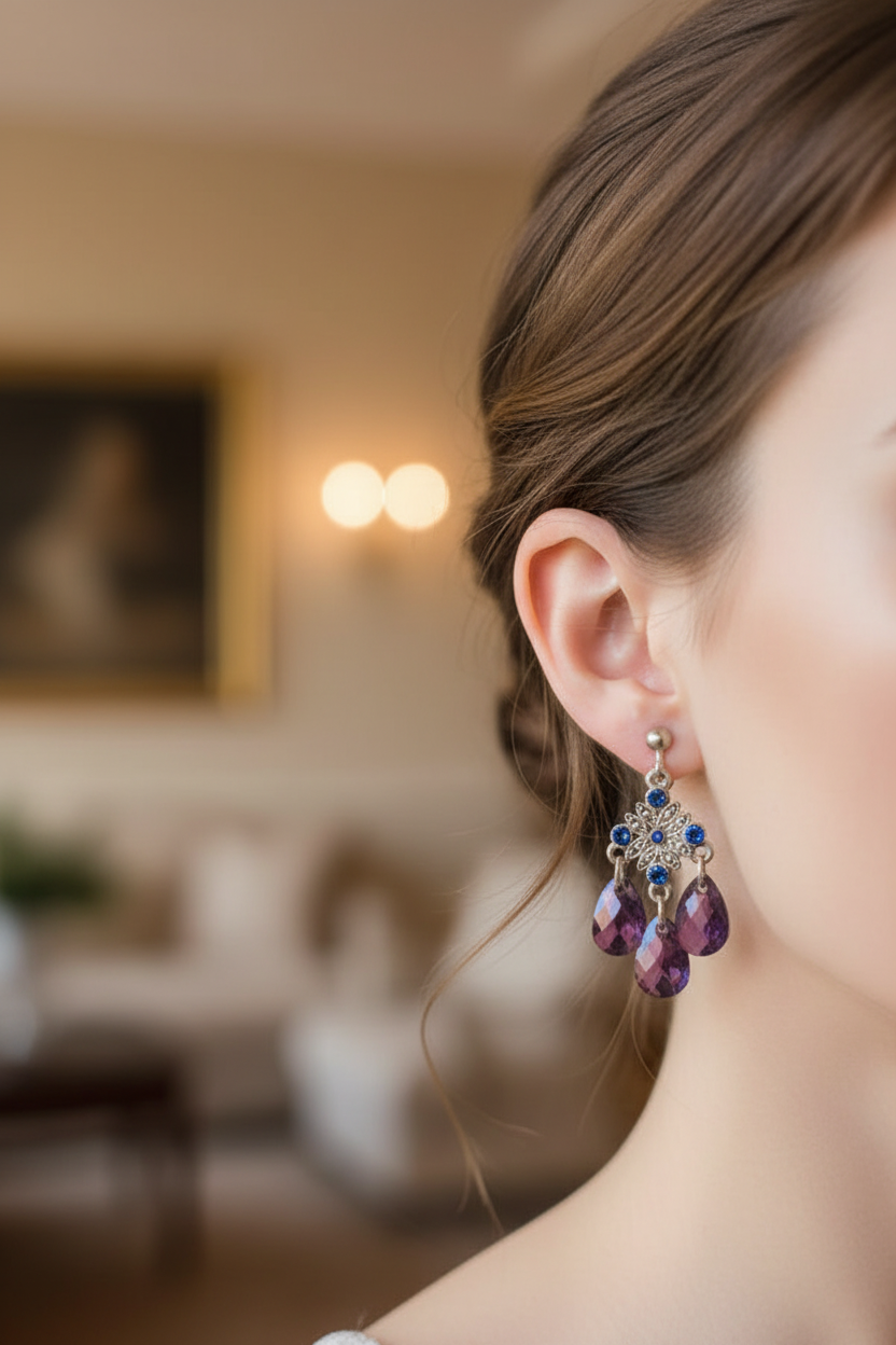 boucles d'oreilles vintage - neuf - a clips - strass pierre perles facette - violet argenté - chic