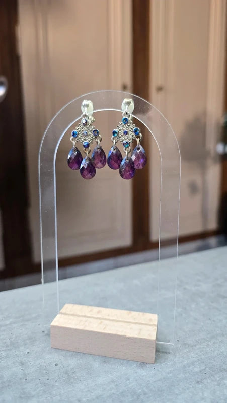 boucles d'oreilles vintage - neuf - a clips - strass pierre perles facette - violet argenté - chic