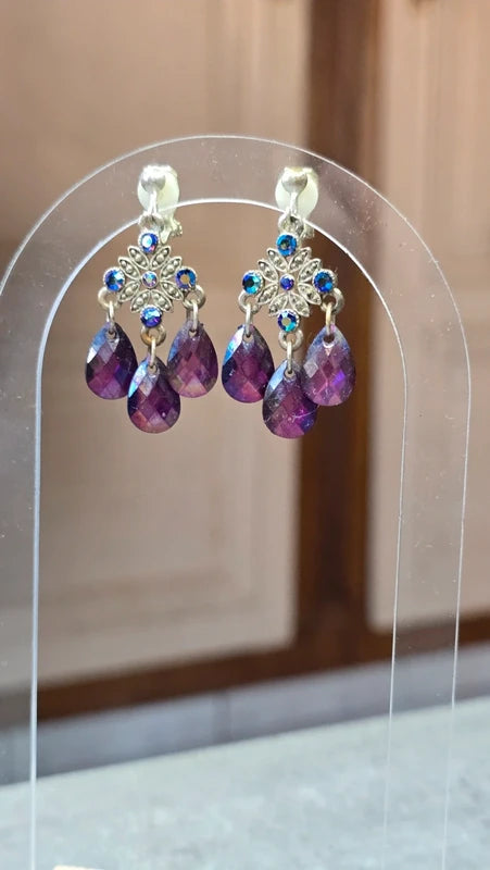 boucles d'oreilles vintage - neuf - a clips - strass pierre perles facette - violet argenté - chic