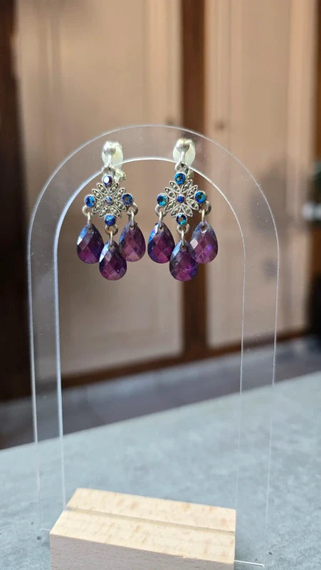 boucles d'oreilles vintage - neuf - a clips - strass pierre perles facette - violet argenté - chic