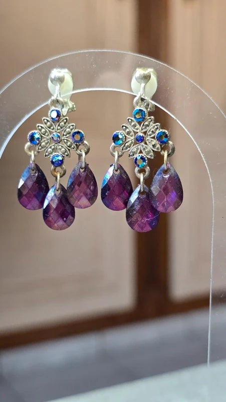 boucles d'oreilles vintage - neuf - a clips - strass pierre perles facette - violet argenté - chic
