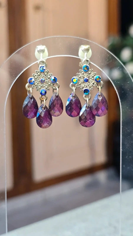 boucles d'oreilles vintage - neuf - a clips - strass pierre perles facette - violet argenté - chic