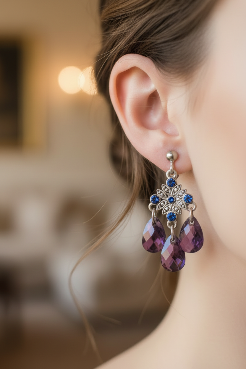 boucles d'oreilles vintage - neuf - a clips - strass pierre perles facette - violet argenté - chic