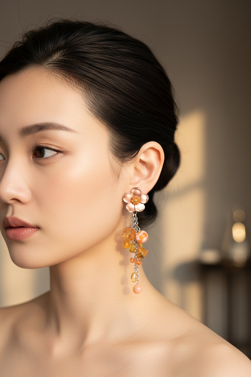 boucle d'oreilles vintage - à clips - neuf - fleurs orange - strass perles facette pierre pampilles - pendante légère