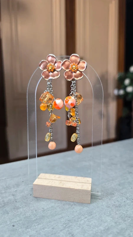 boucle d'oreilles vintage - à clips - neuf - fleurs orange - strass perles facette pierre pampilles - pendante légère