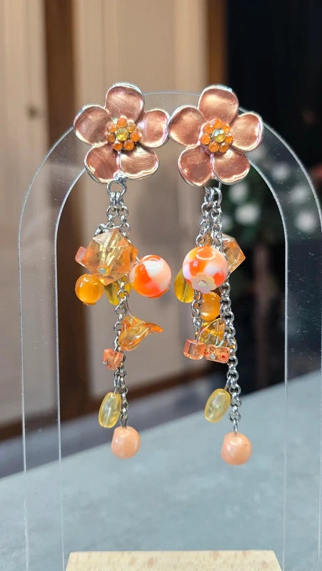 boucle d'oreilles vintage - à clips - neuf - fleurs orange - strass perles facette pierre pampilles - pendante légère