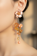 boucle d'oreilles vintage - à clips - neuf - fleurs orange - strass perles facette pierre pampilles - pendante légère