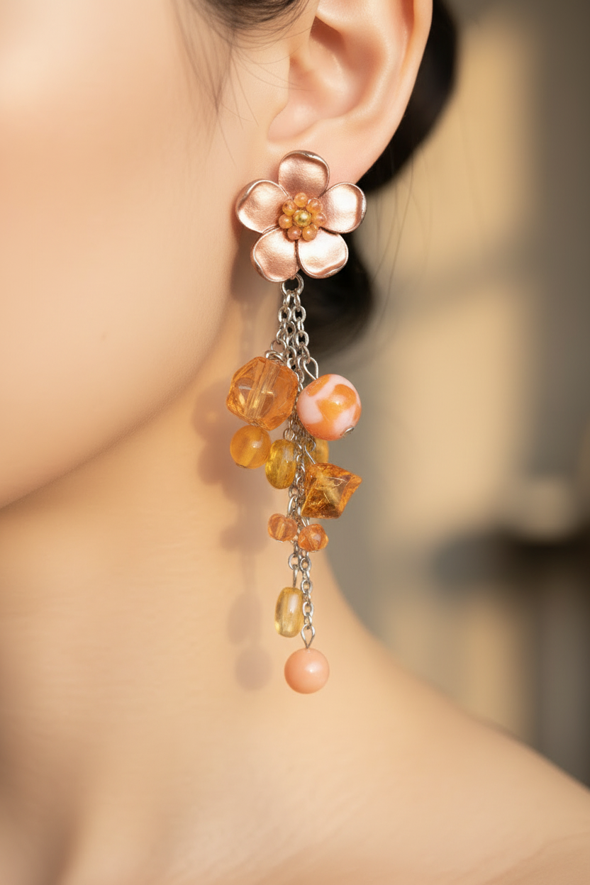 boucle d'oreilles vintage - à clips - neuf - fleurs orange - strass perles facette pierre pampilles - pendante légère