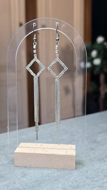 boucles d'oreilles vintage - neuf - strass argenté - longue pendante - élégante chic - légère - chaine fine