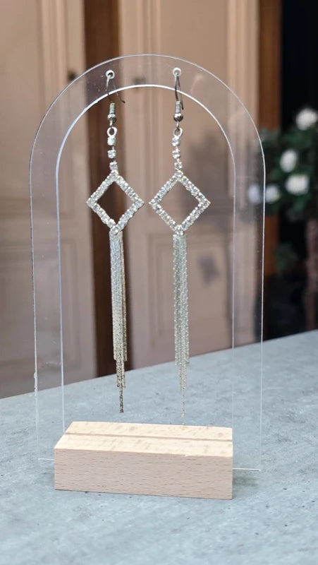 boucles d'oreilles vintage - neuf - strass argenté - longue pendante - élégante chic - légère - chaine fine