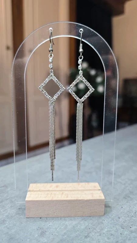 boucles d'oreilles vintage - neuf - strass argenté - longue pendante - élégante chic - légère - chaine fine
