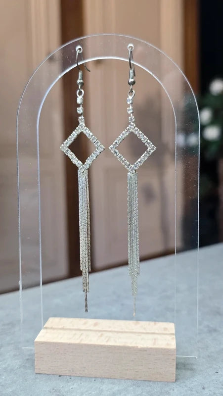 boucles d'oreilles vintage - neuf - strass argenté - longue pendante - élégante chic - légère - chaine fine