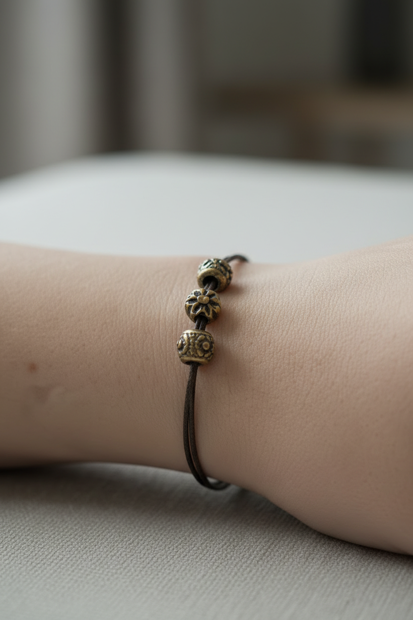 bracelet vintage - fait main - neuf - cordon double marron - charms perles doré strass fleurs - effet métal