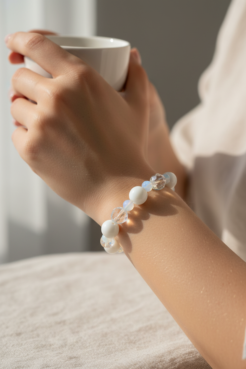 bracelet vintage - neuf - perles blanc nacré irisé - effet cristal facette brillant - effet reflets pierre de lune - élégant chic