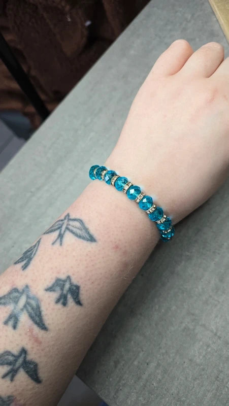 bracelet vintage - perles facette bleu turquoise - brillant strass argenté - élastique - chic élégant
