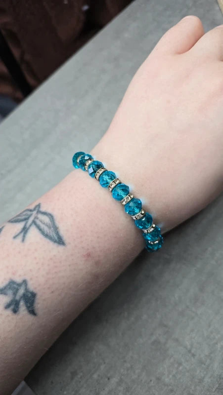 bracelet vintage - perles facette bleu turquoise - brillant strass argenté - élastique - chic élégant