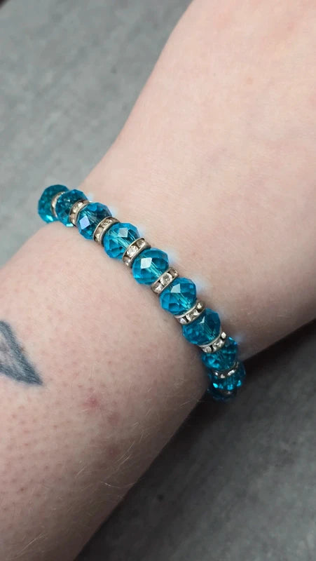 bracelet vintage - perles facette bleu turquoise - brillant strass argenté - élastique - chic élégant