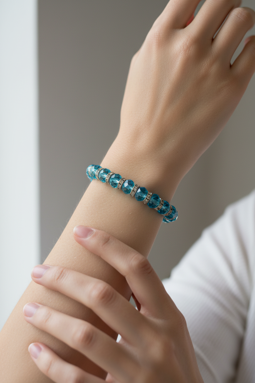 bracelet vintage - perles facette bleu turquoise - brillant strass argenté - élastique - chic élégant