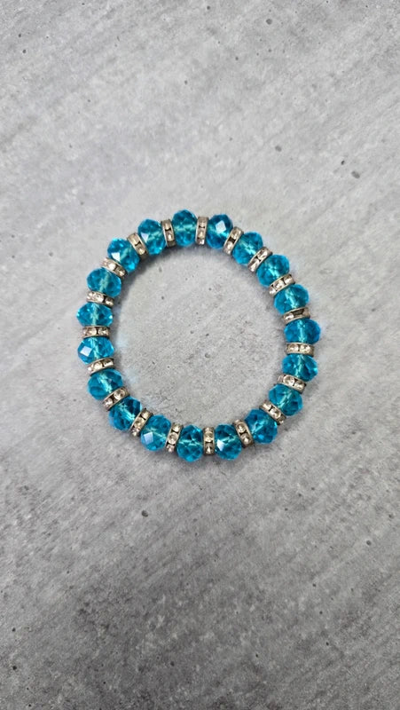 bracelet vintage - perles facette bleu turquoise - brillant strass argenté - élastique - chic élégant