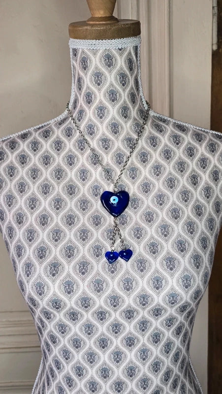 collier vintage - chaine maillon argenté - pendentif coeur verre-  bleu - coeur oeil turc nazar