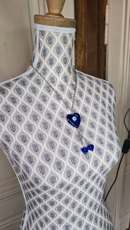 collier vintage - chaine maillon argenté - pendentif coeur verre-  bleu - coeur oeil turc nazar