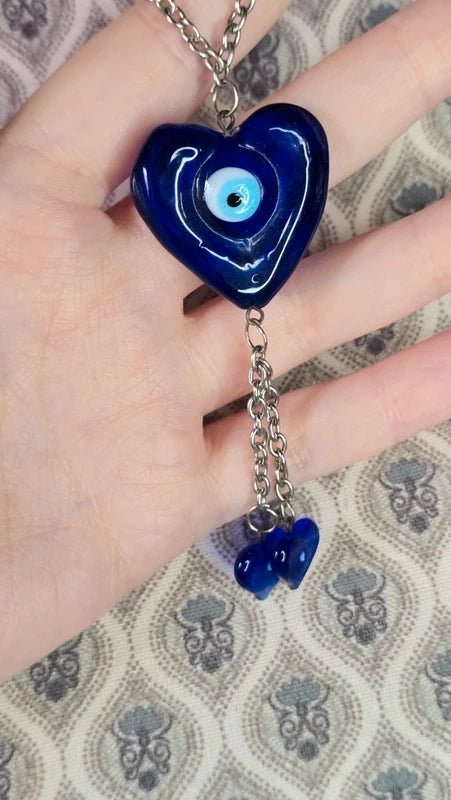 collier vintage - chaine maillon argenté - pendentif coeur verre-  bleu - coeur oeil turc nazar
