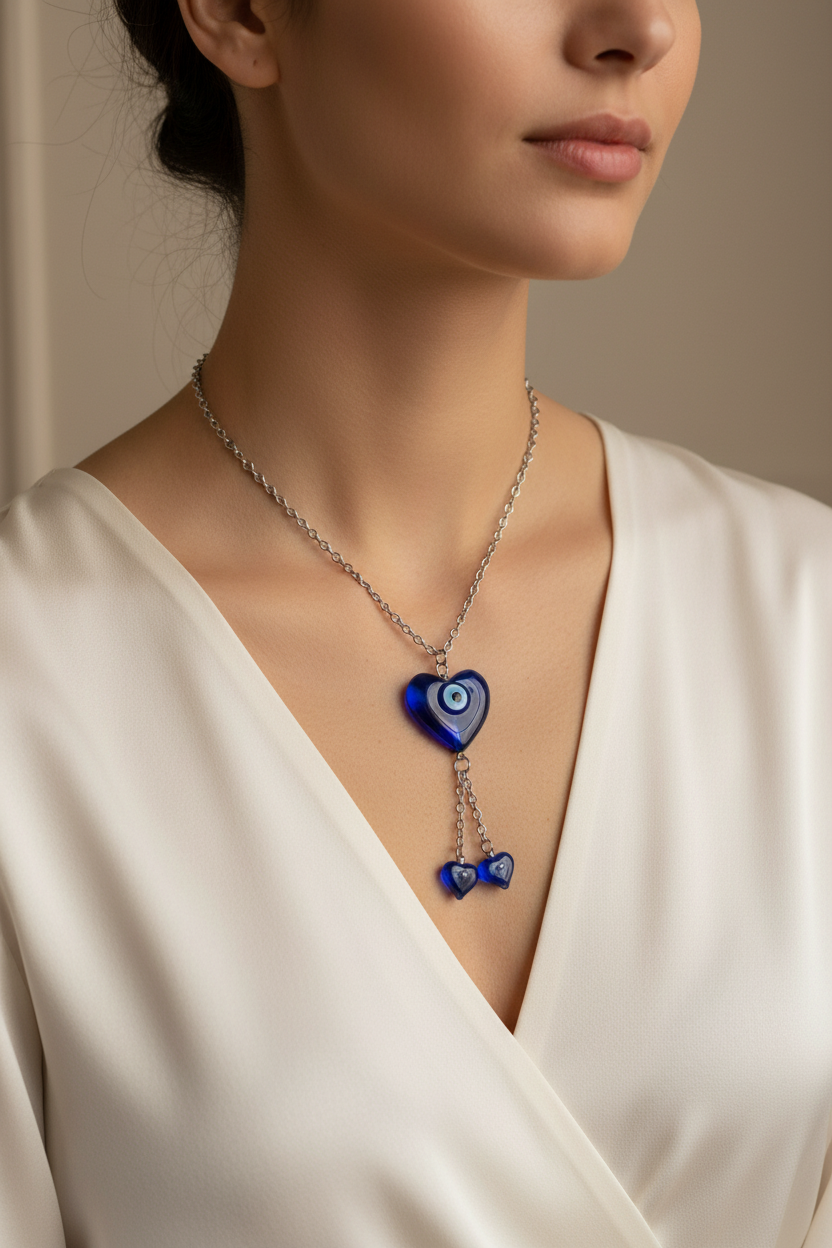 collier vintage - chaine maillon argenté - pendentif coeur verre-  bleu - coeur oeil turc nazar