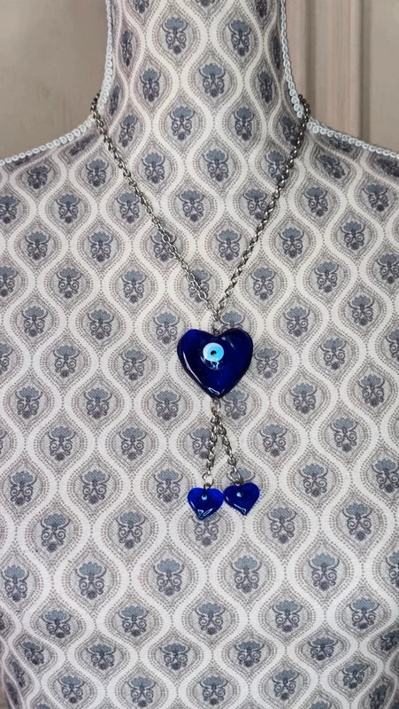 collier vintage - chaine maillon argenté - pendentif coeur verre-  bleu - coeur oeil turc nazar