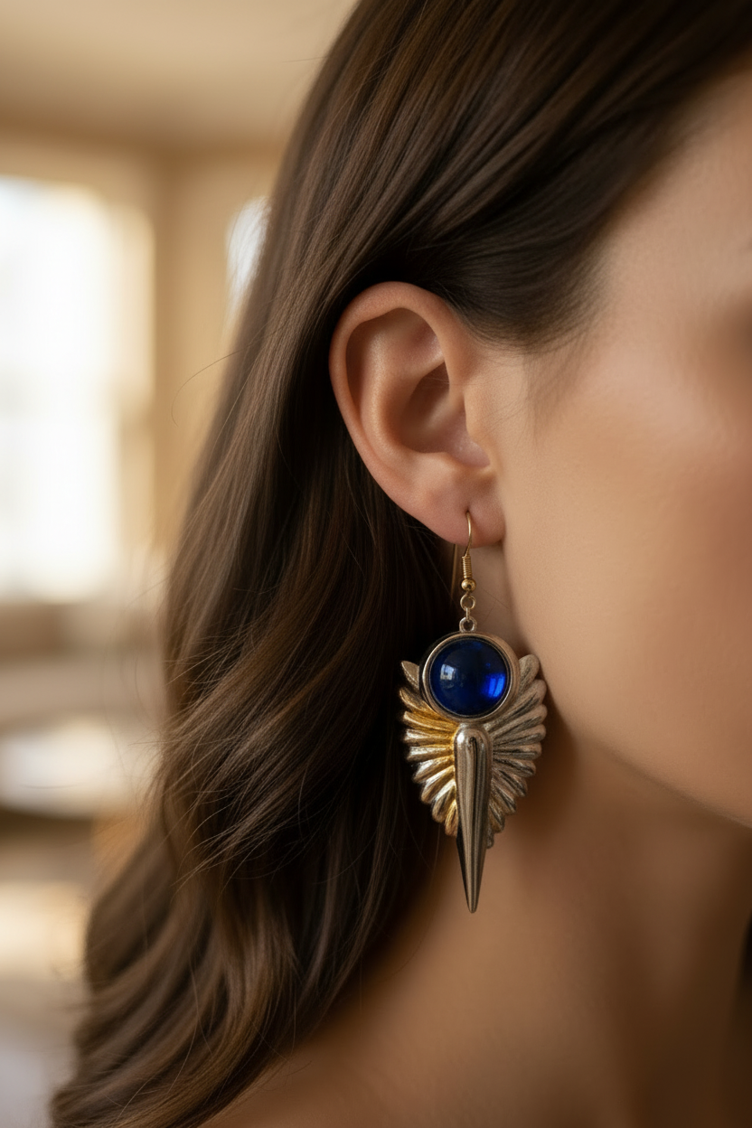 boucles d'oreilles vintage - ailes argenté doré - cabochon bleu intense - original légère pendante
