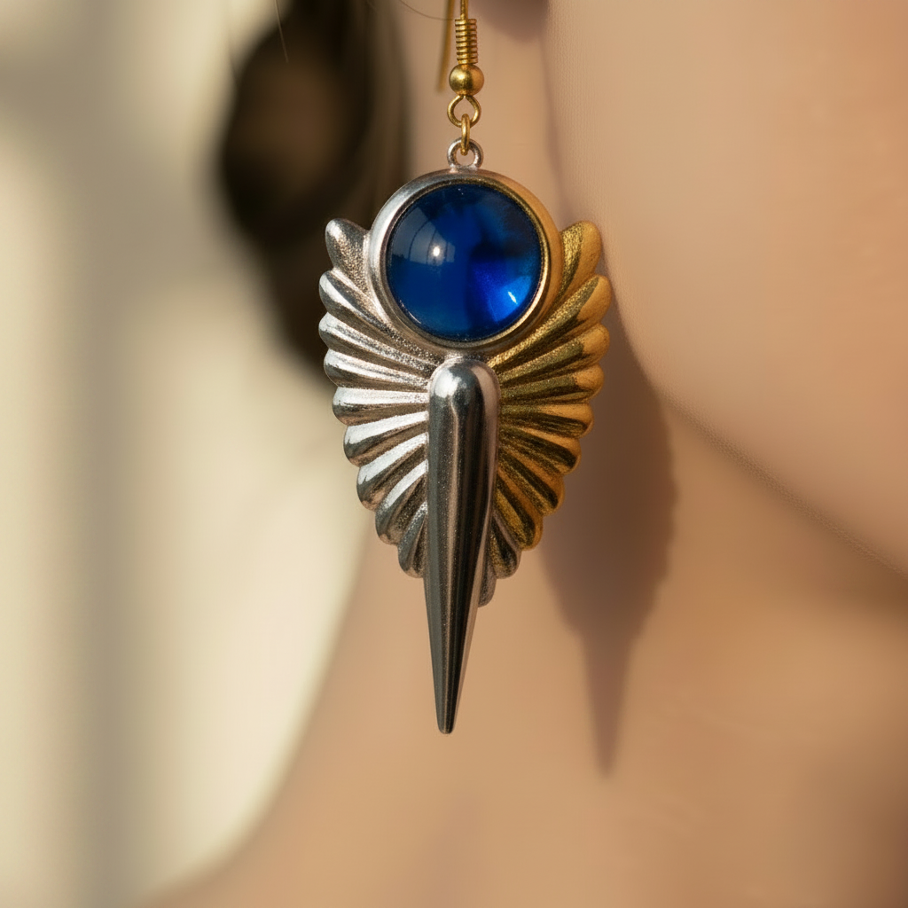 boucles d'oreilles vintage - ailes argenté doré - cabochon bleu intense - original légère pendante