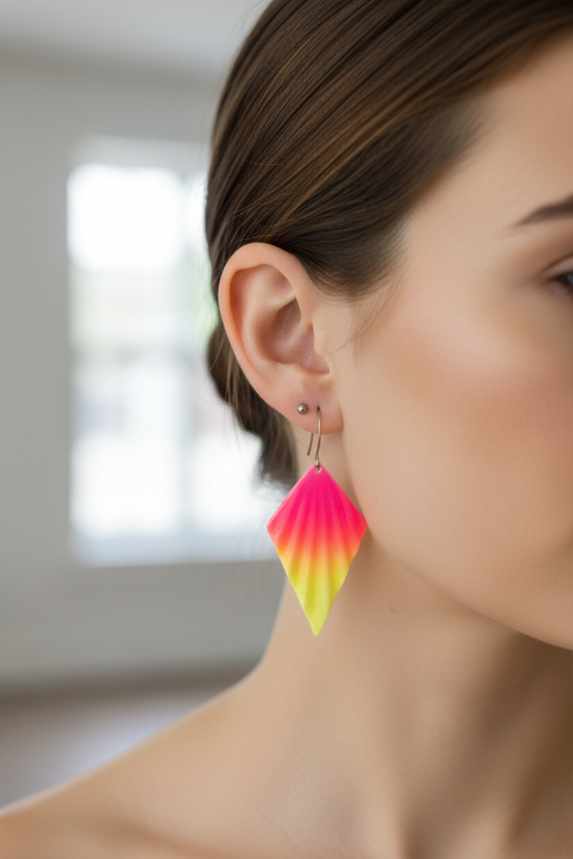 boucles d'oreilles vintage - dégradé rose et jaune fluo - effet relief - pendante légère original fun