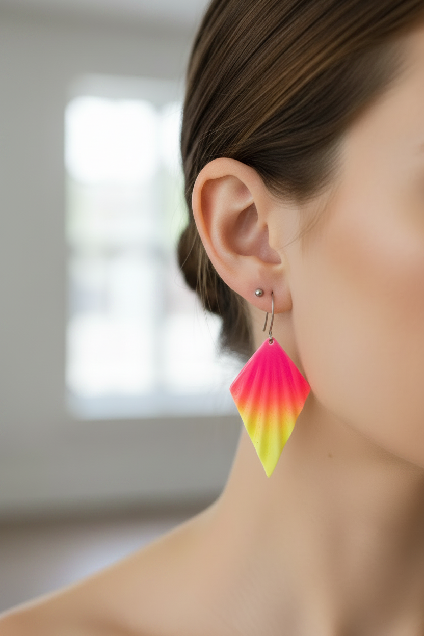 boucles d'oreilles vintage - dégradé rose et jaune fluo - effet relief - pendante légère original fun