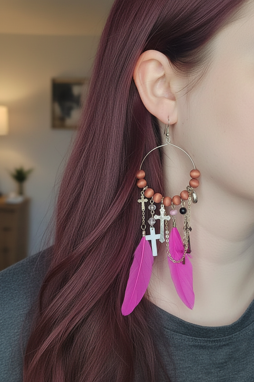 boucles d'oreilles créole - neuf - doré rose fuchsia argenté - plumes croix chaine perles - pendantes légères